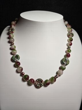 Watermelon Tourmaline And Cloisonne Necklace And Earring Set